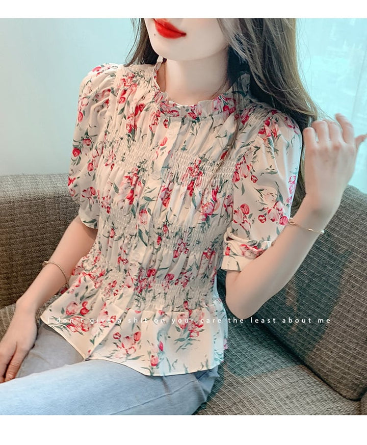 【tops】美人度アップスウィートパフスリーブ花柄トップス　M17339