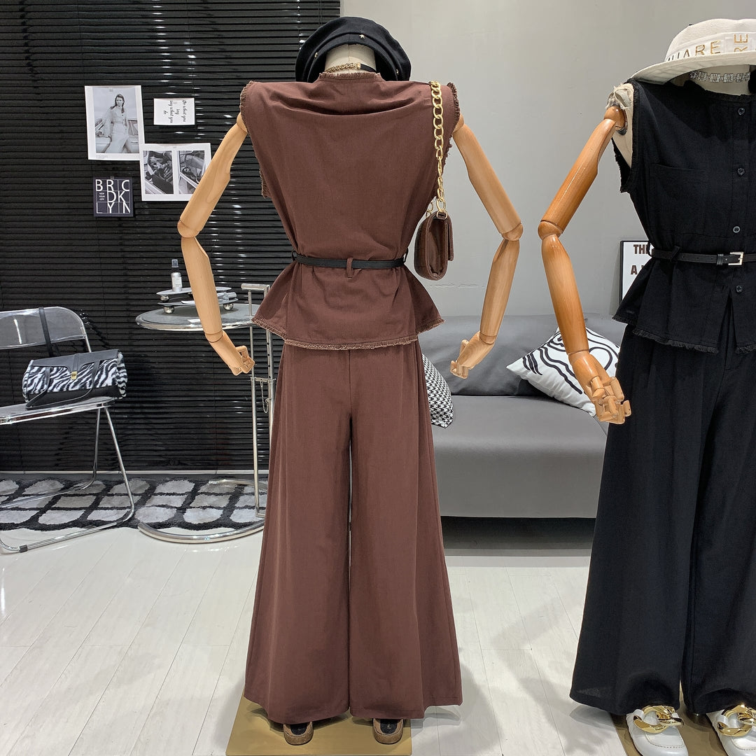 【set】ノースリーブトップス+ワイドパンツセットベルト付き　M24993