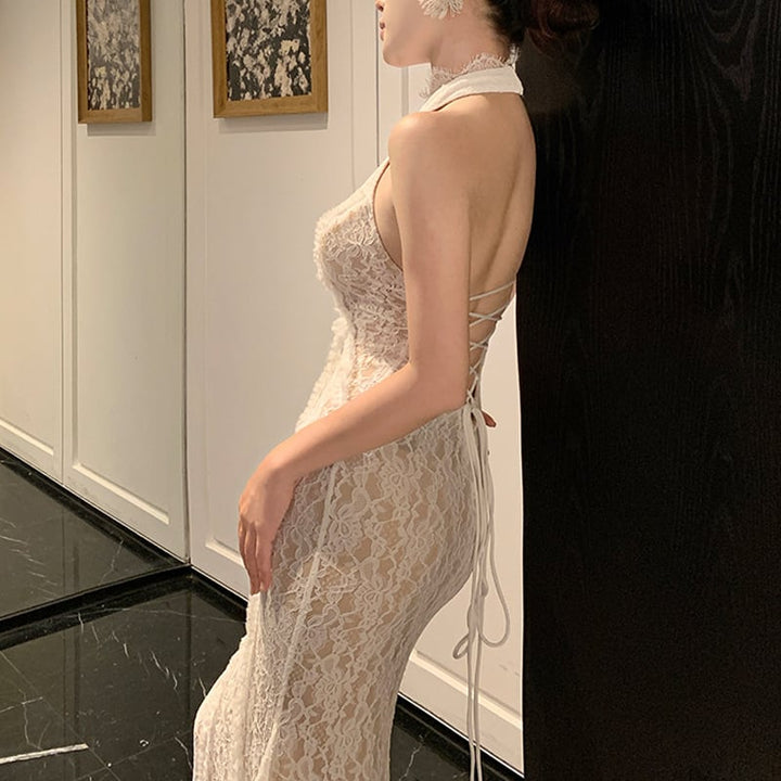 【dress】ホルターネックレースワンピース Q7582