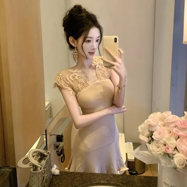 【dress】ノースリーブレースドッキングミニワンピース Q8469