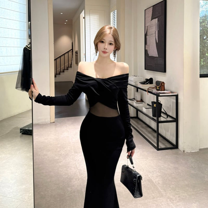 【dress】オフショルチュールドッキングワンピース Q7418