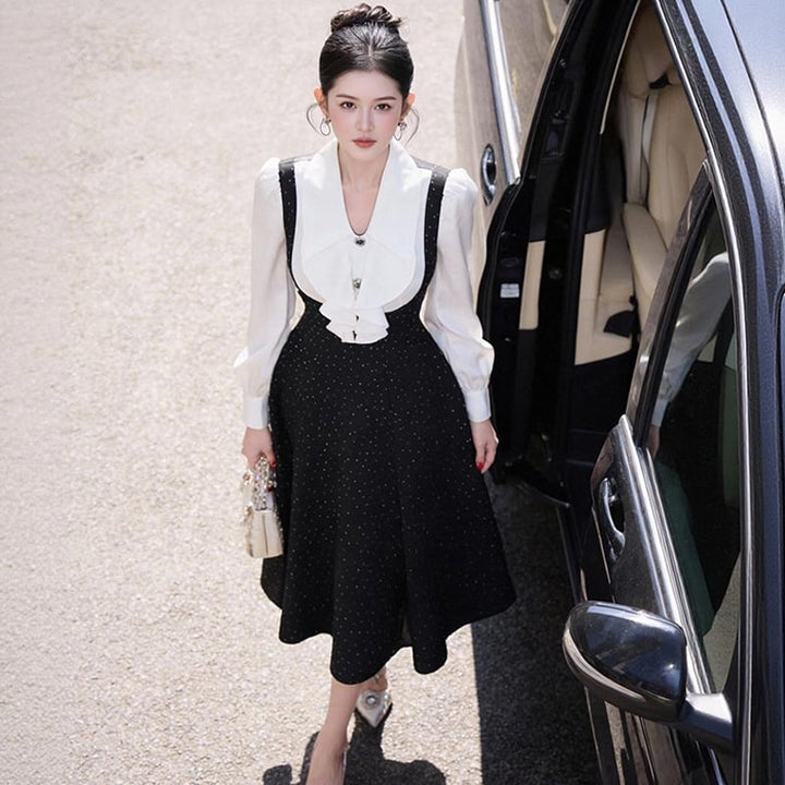 【dress】ラインストーン付きフリルロングワンピース Q7970