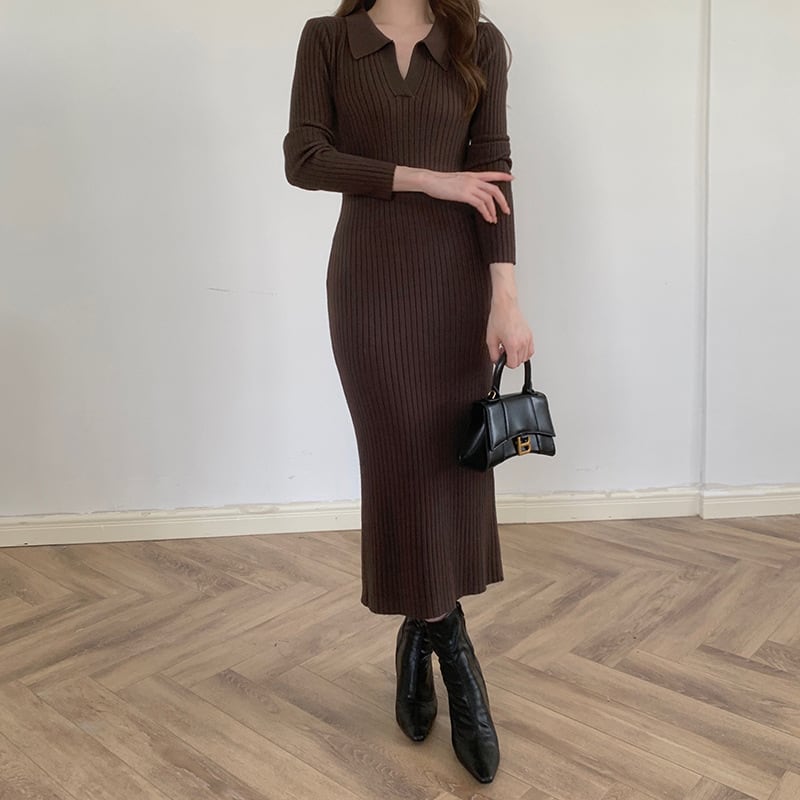 【dress】POLOネックニットワンピース着瘦せ　M17664