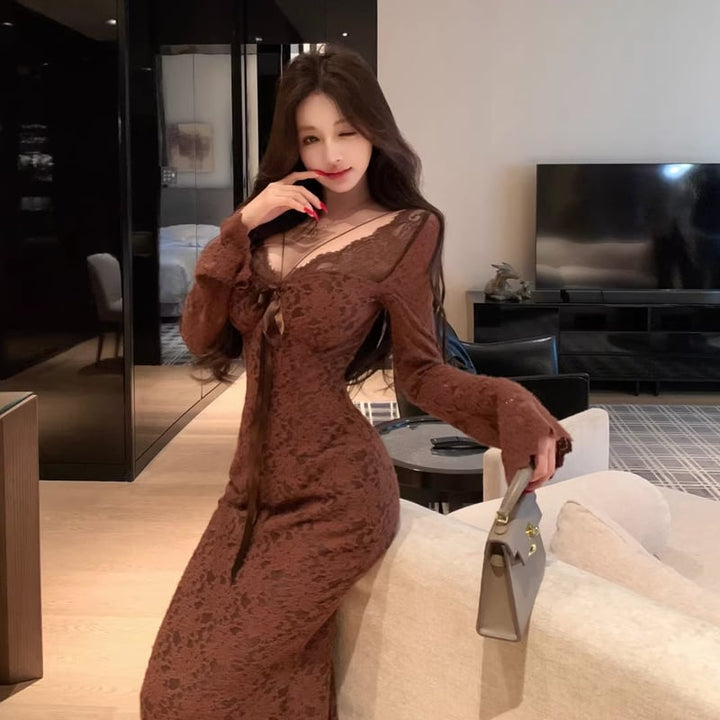 【dress】胸パット付きロングレースワンピース Q8167