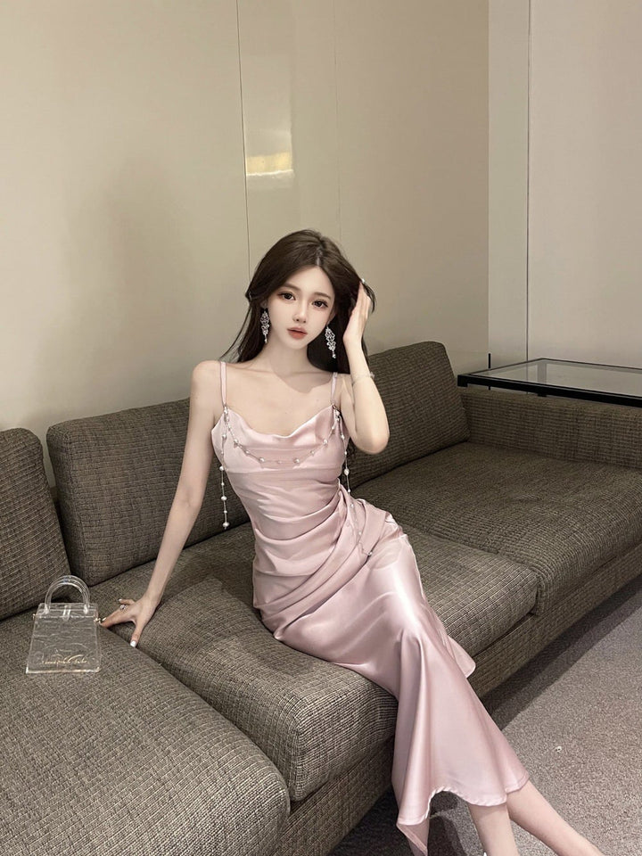 【dress】パール付きロングキャミワンピース Q7994
