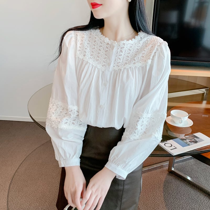 【tops】 爽やかな印象レース切り替え2色シャツトップス　M17297