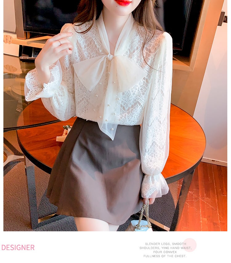 【tops】リボン付きレースシャツトップス　M18251