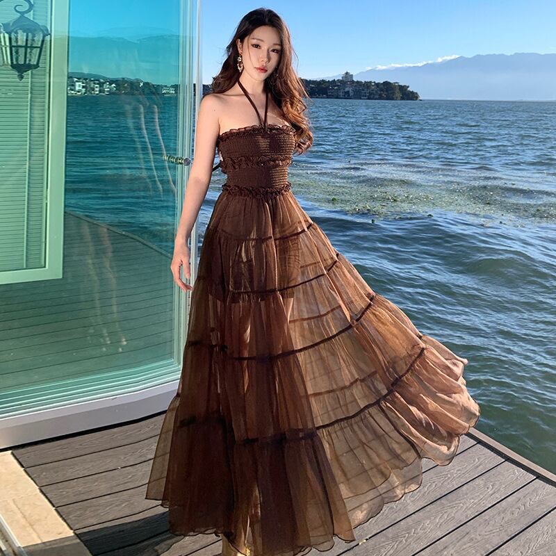 dress】ホルターネックシアーチュールロングワンピース Q8483 – NANASTYLE