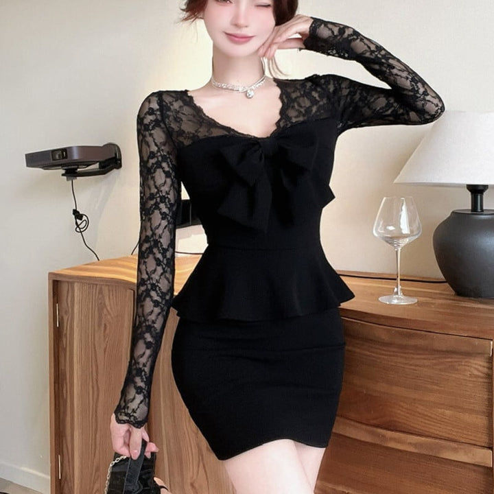 【dress】レース切り替えリボン付きワンピース　M27379