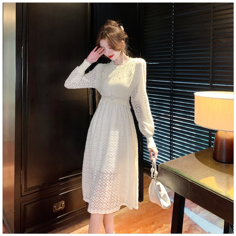 【dress】レースドッキングニットワンピース　M18431