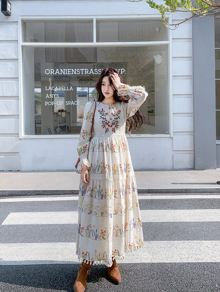 【dress】フリンジ付き花柄ロングワンピース Q8225