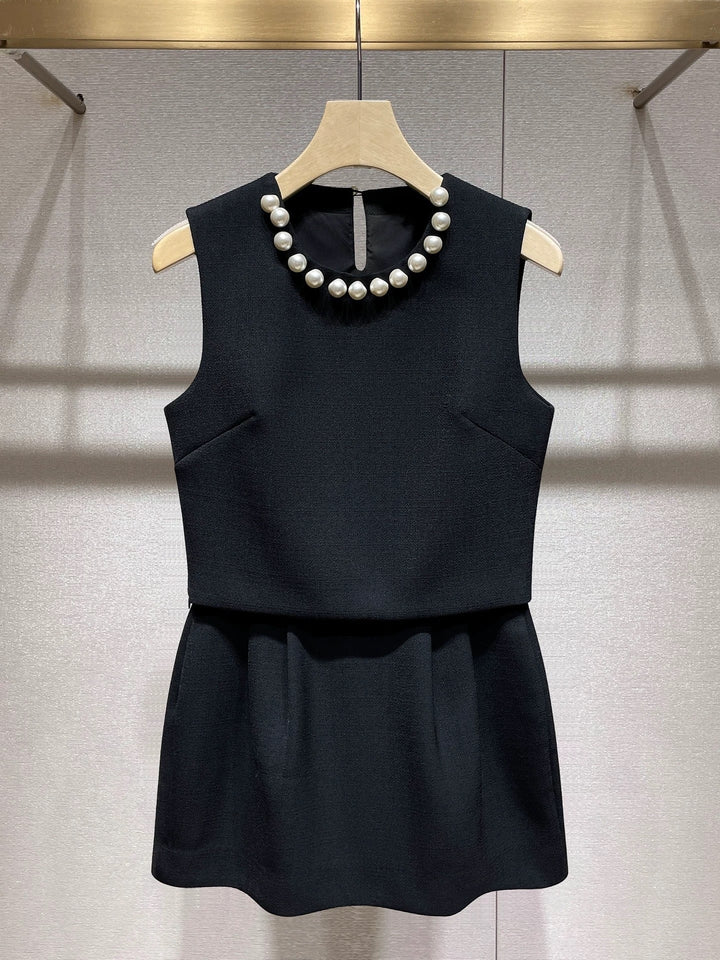 【set】パール付きノースリーブトップス×ミニスカートセット　N3566