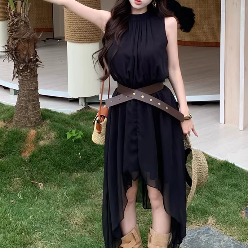 【dress】ベルト付きノースリーブシフォンイレヘムワンピース Q8263