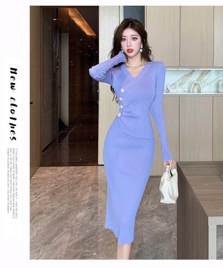 【dress】人気を独占中 ボタンデザインニットワンピース　M17591