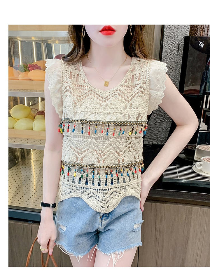 【tops】大人可愛いカットワークノースリーブトップス　M17059