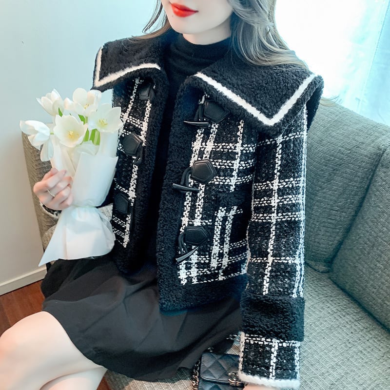 【outer】チェック柄裹起毛折り襟コート　M18361