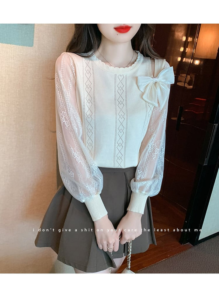 【tops】優しい雰囲気リボン付きレース切り替えトップス　M17185