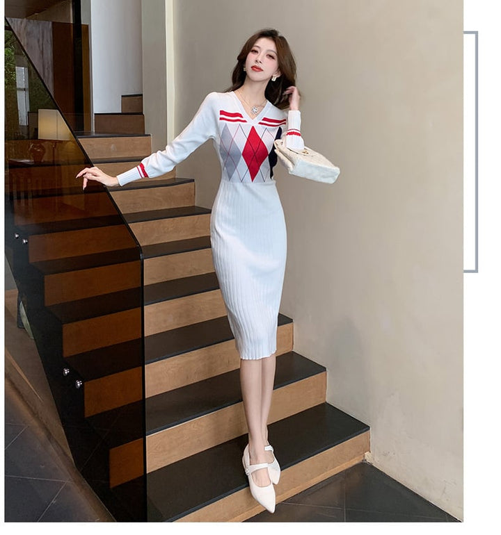 【dress】Vネックニットワンピース　M26546