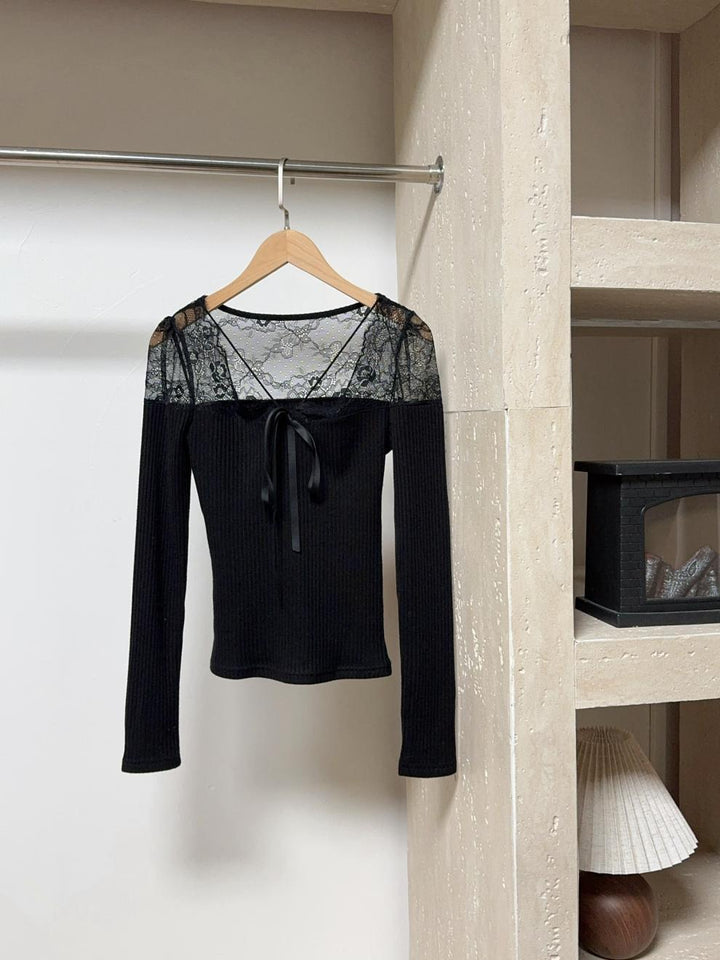 【tops】レース切り替え長袖Tシャツ　M29408
