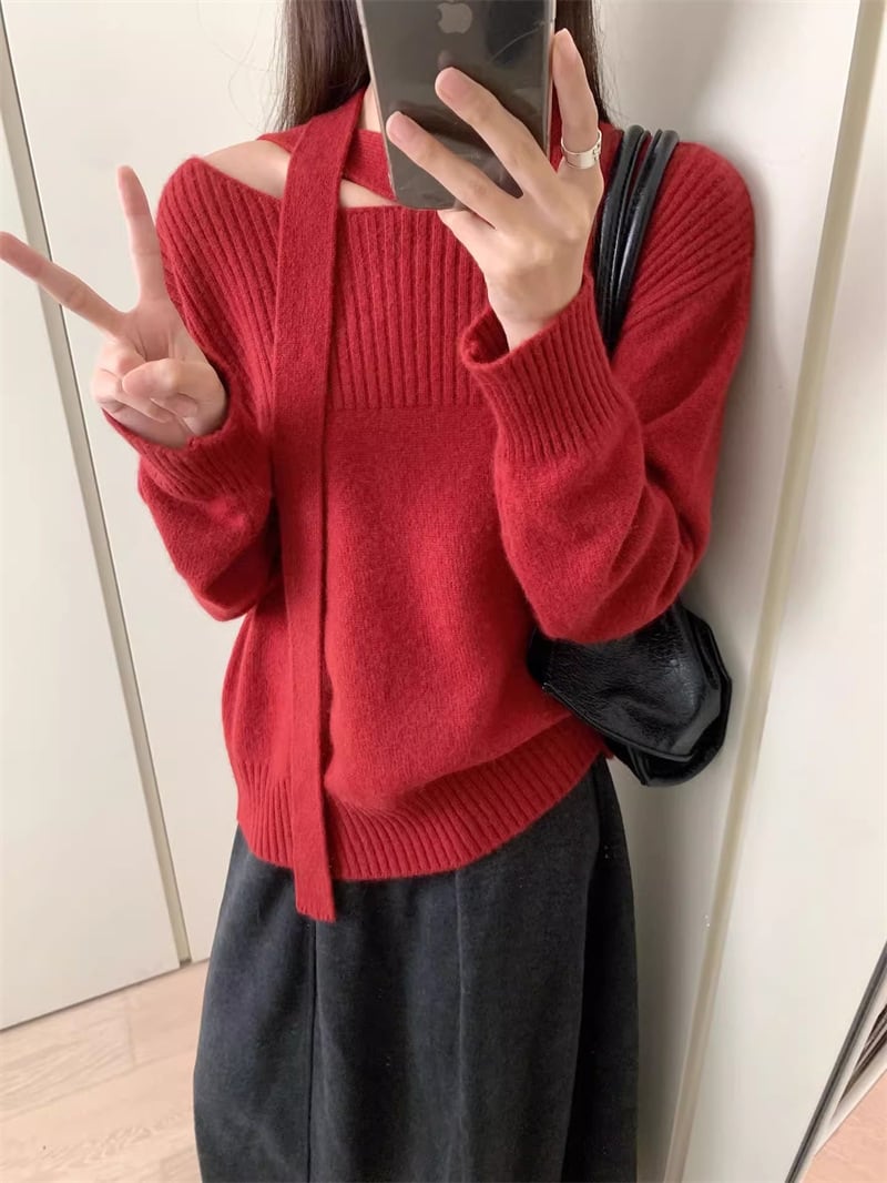 【tops】オープンショルダーニットトップス Q7706