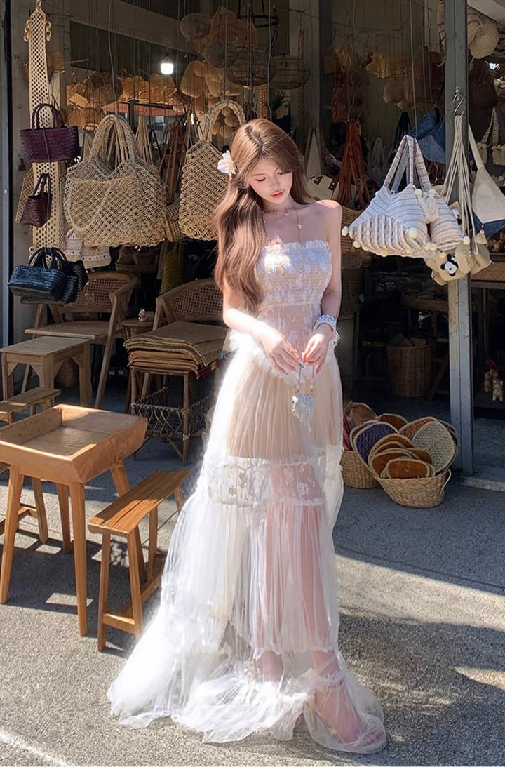 【dress】ホルターネックシアーチュールティアードワンピース Q8484