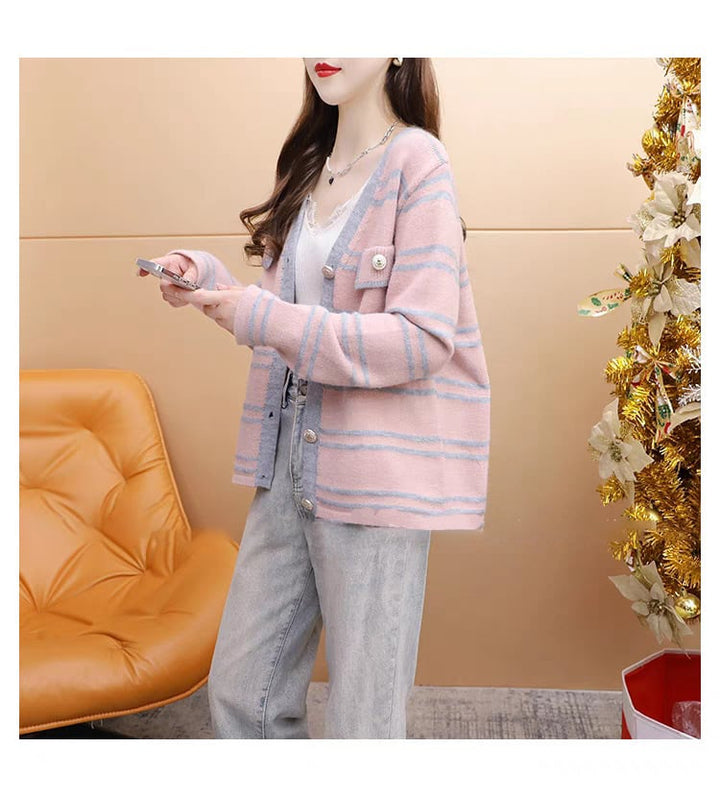 【dress】韓国系超人気ボーダー柄Vネックカーディガン　 M17553
