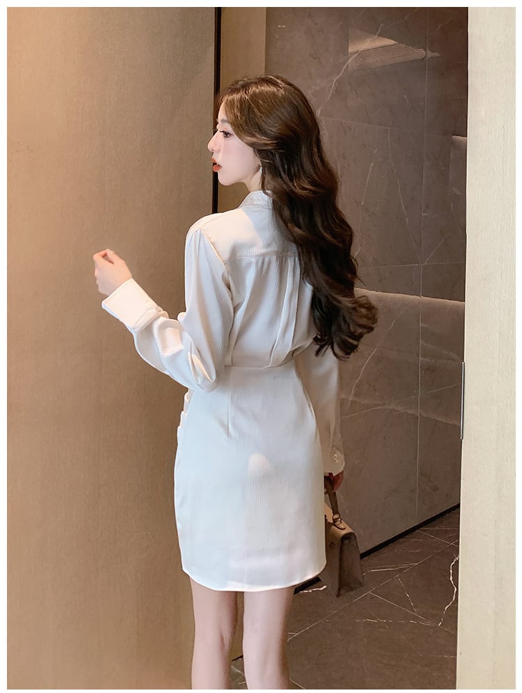 【dress】シンプルVネック通勤風シャツワンピース　M17674