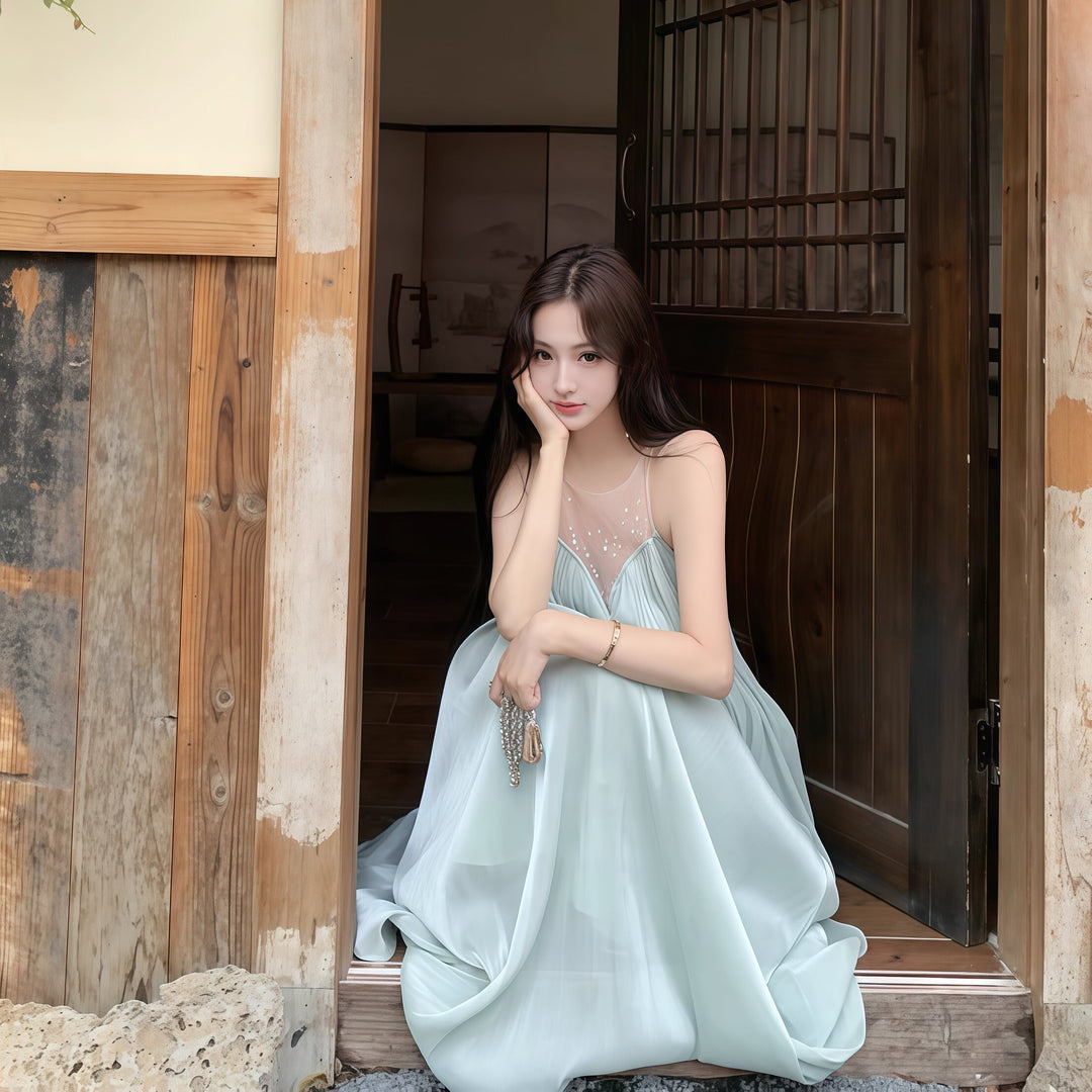 【dress】ラインストーン付きチュールドッキングロングワンピース Q8377