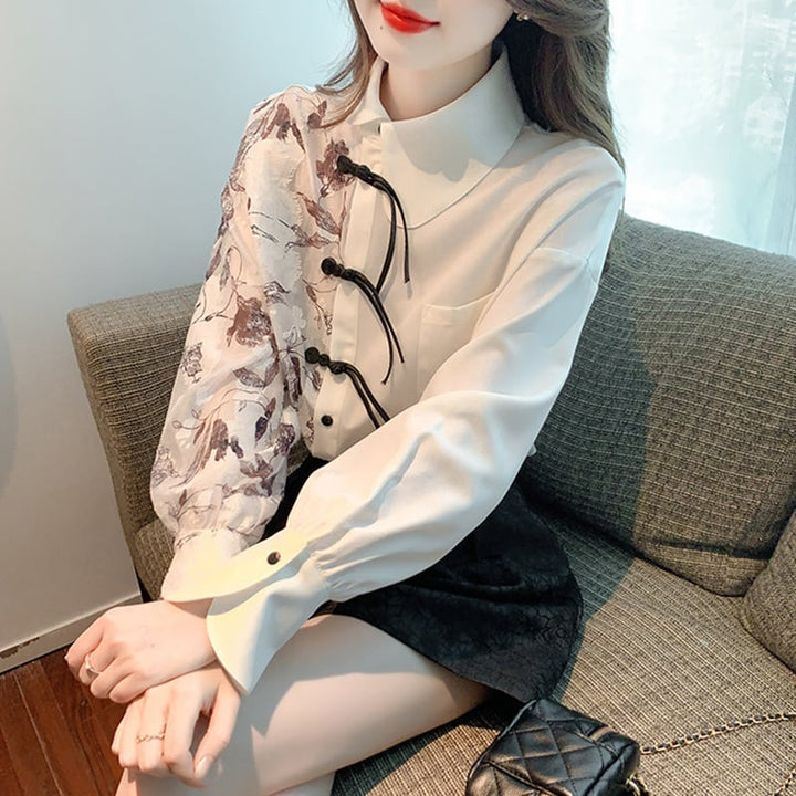 【tops】プリントドッキングシャツトップス　M18287