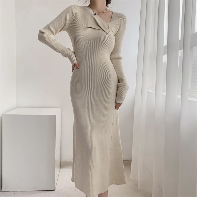 【dress】細身効果抜群♪エレガントニットワンピース　M17484