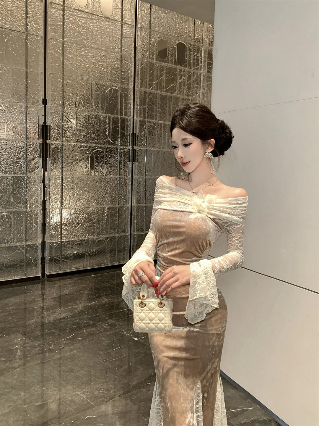 【dress】オフショルダーレースマーメイドワンピース Q7879