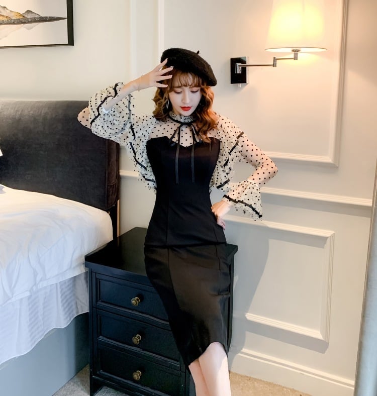 【dress】ドット柄ドッキングフリルワンピース　M18319