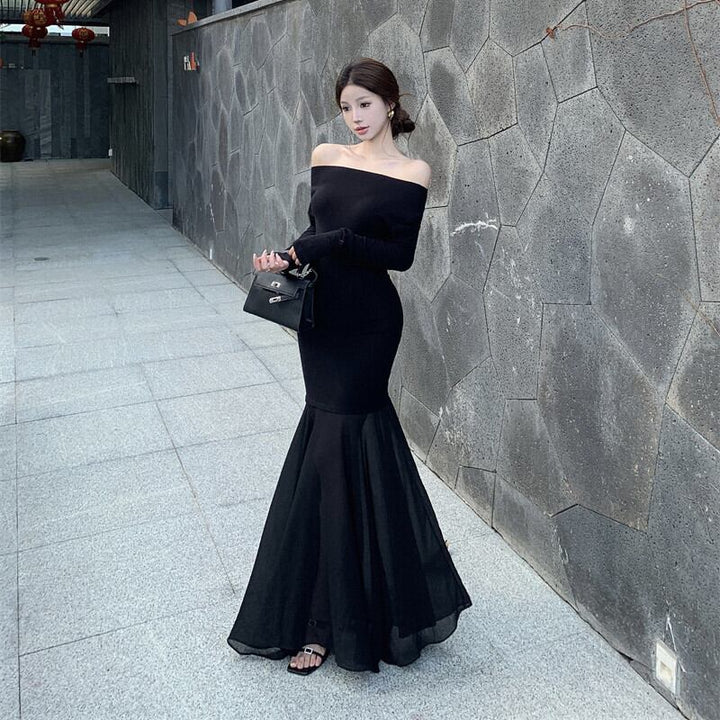 【dress】チュールコンビボートネックマーメイドワンピース　M29764