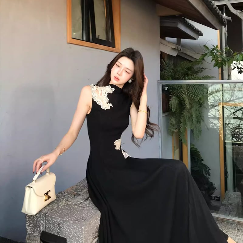【dress】レースドッキングノースリーブニットワンピース Q8403