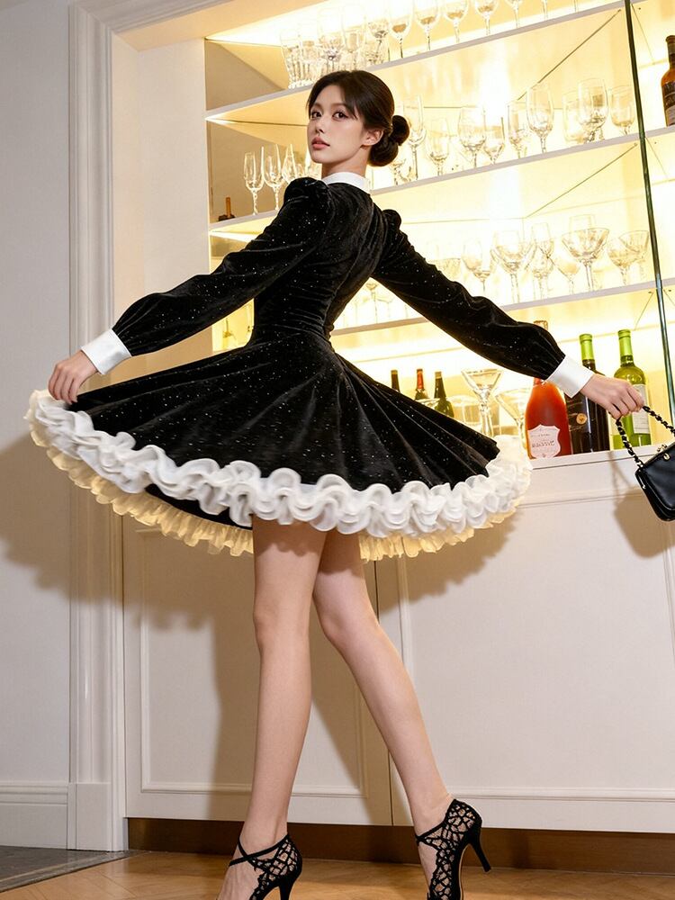 【dress】ギャザーフリルベルベットワンピース Q7573