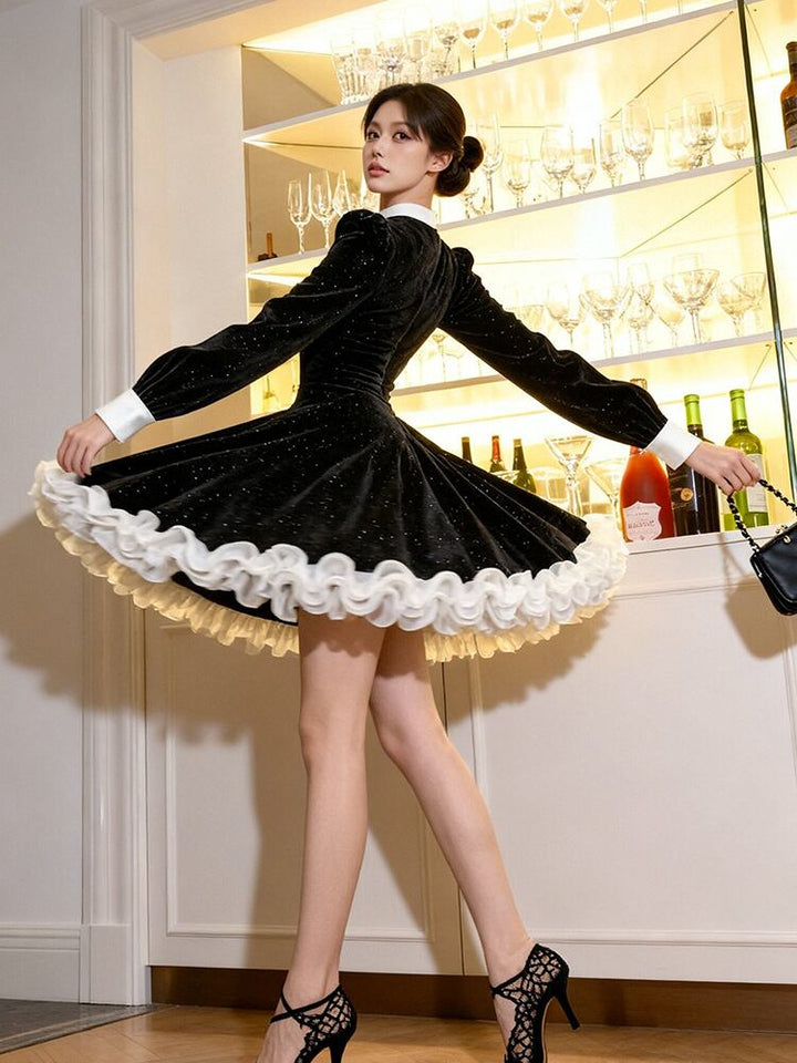 【dress】ギャザーフリルベルベットワンピース Q7573