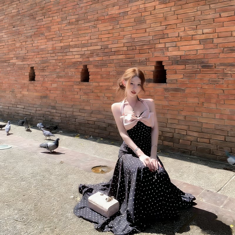 【dress】ドット柄リボン付きロングワンピース Q8374