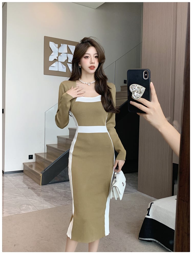 【dress】早い者勝ち切り替えニットワンピース着瘦せ　M17510