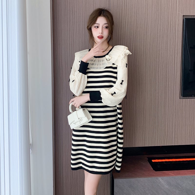 【dress】気質満点大人可愛いボーダー柄ニットワンピース　M17500