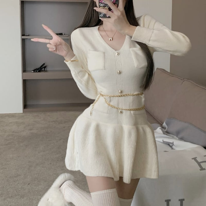 【dress】Vネックフレアニットワンピース Q7515