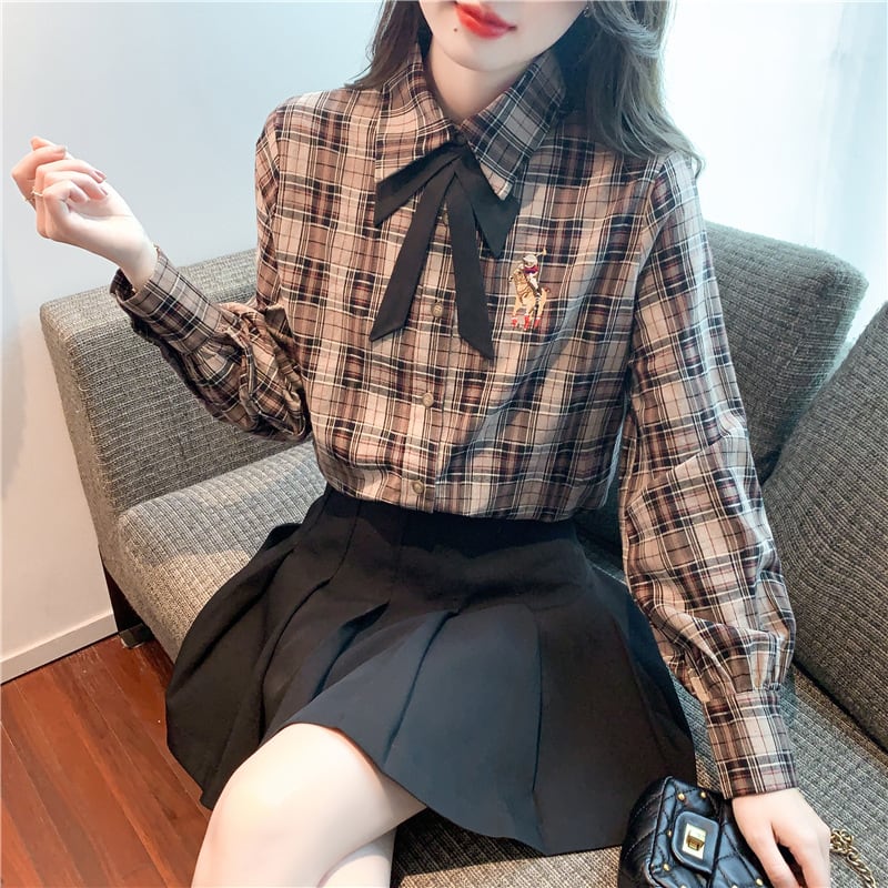 【tops】気質満点大人可愛いリボン付きチェック柄シャツ　M17329