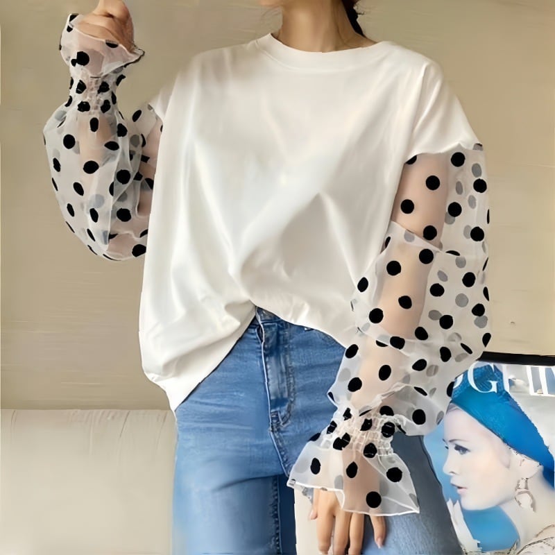 【tops】チュール切り替え長袖Tシャツ　M22604
