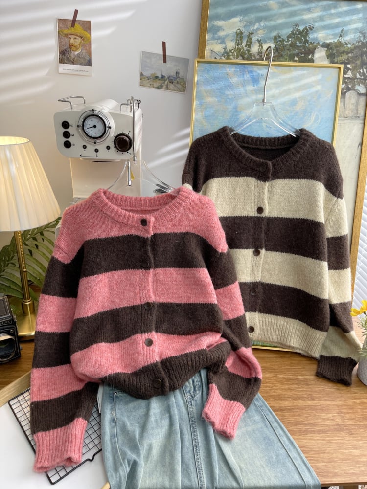 【outer】ボーダー柄ニットカーデ　M26577