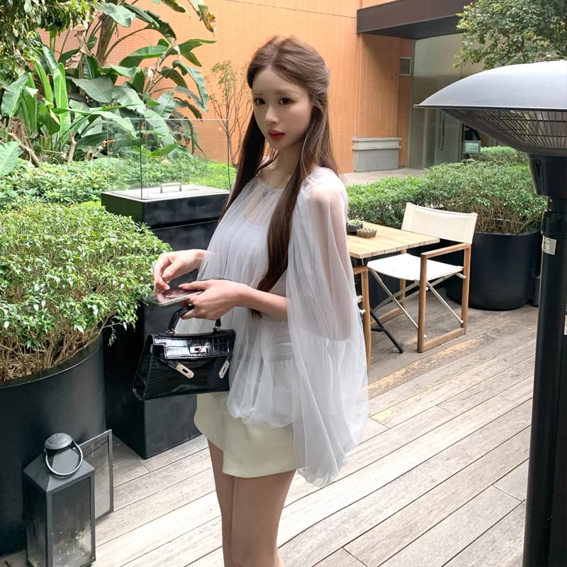 【tops】チュールフェイクレイヤードトップス Q8388