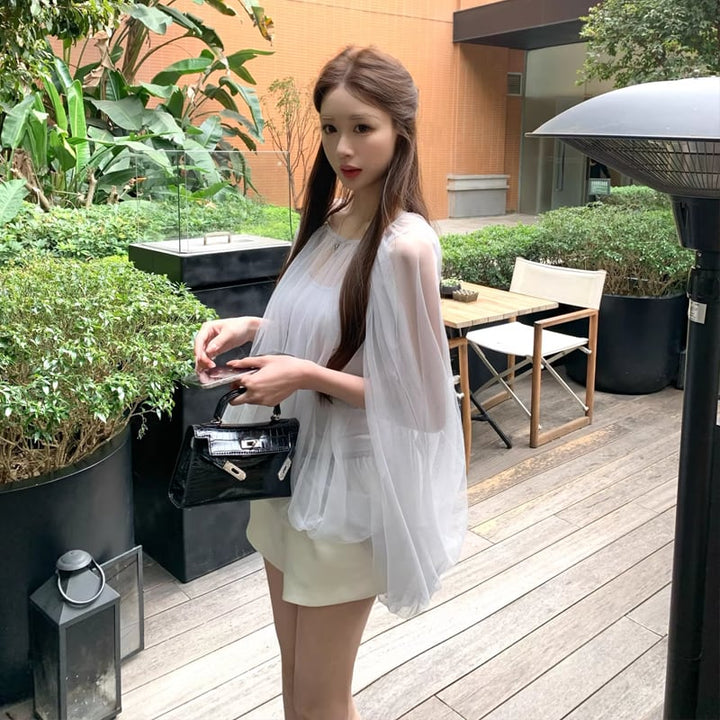 【tops】チュールフェイクレイヤードトップス Q8388