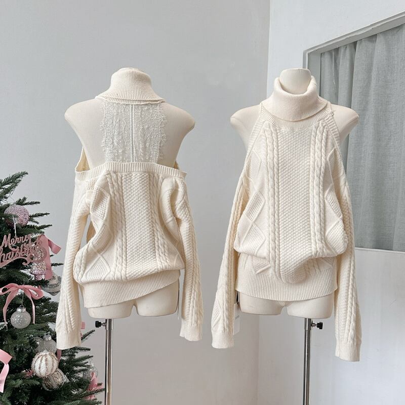 【tops】ハイネックレースドッキングニットトップス Q7630