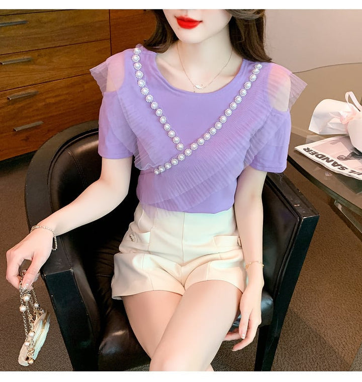 【tops】好感度UP 切り替えオフショルダーTシャツトップス　M16841