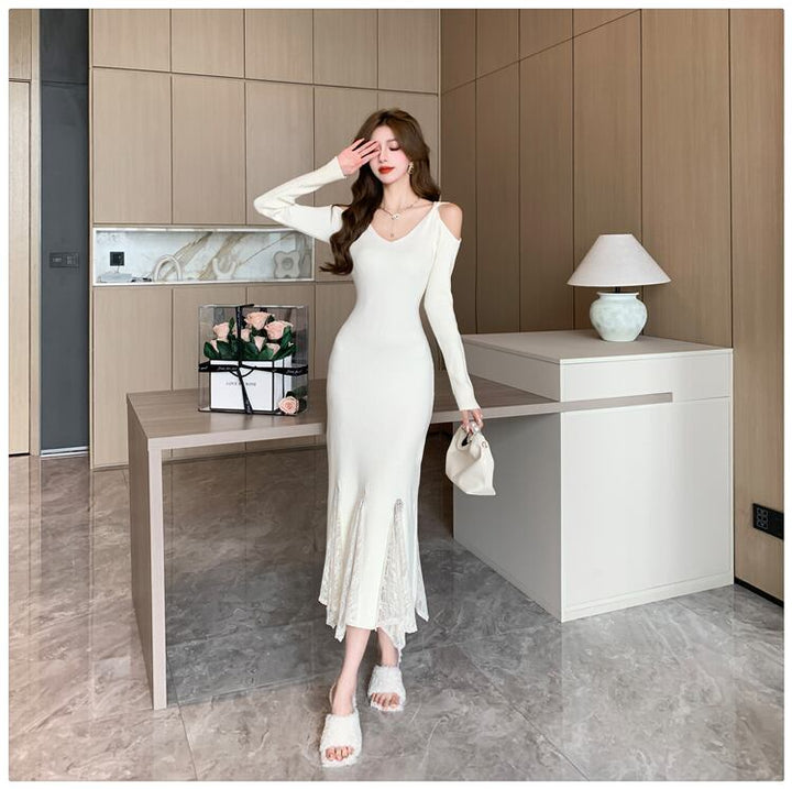 【dress】レースドッキングニットワンピース　M28023