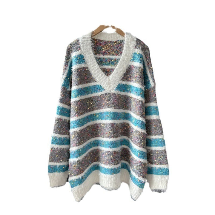 【tops】ボーダー柄Vネックニットセーター　M18049