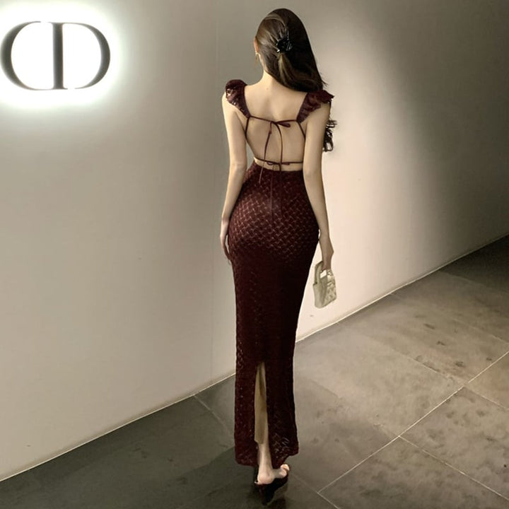【dress】Vネックストラップバックロングワンピース Q8039